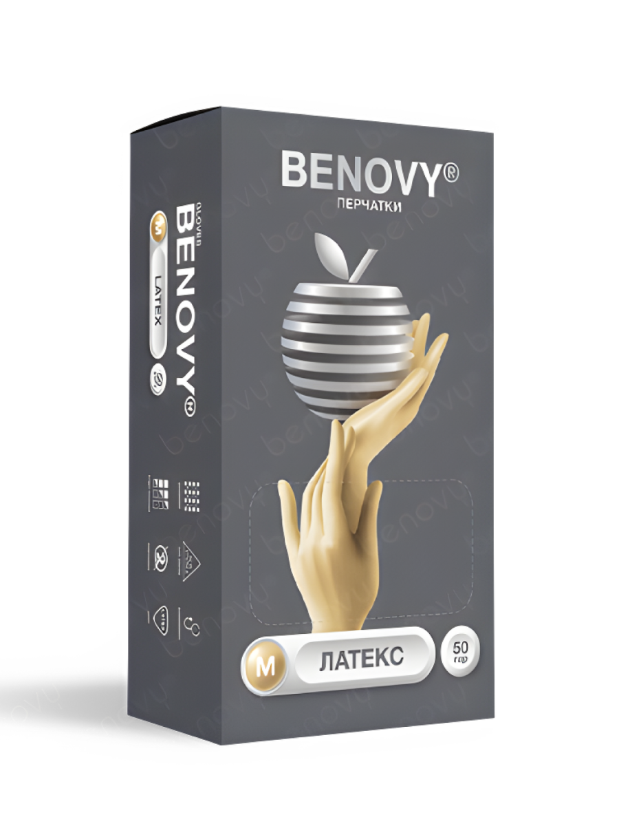 Перчатки латексные BENOVY Latex Powdered смотровые опудренные гладкие
